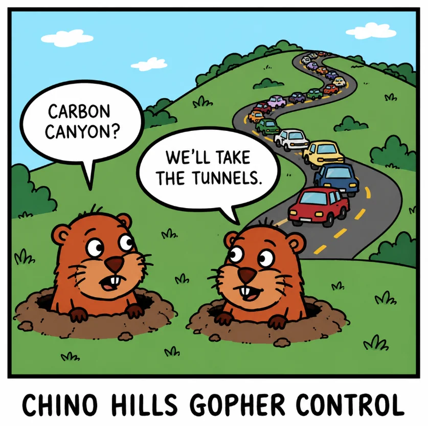 Chino Hills gopher control cartoon: two gophers on a hillside debating the Carbon Canyon traffic jam, one suggesting they take the tunnels