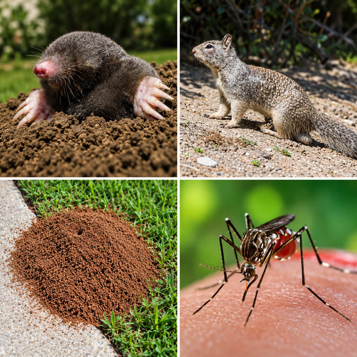 Four-panel close-up collage showing a mole, ground squirrels, ants and mosquitoes