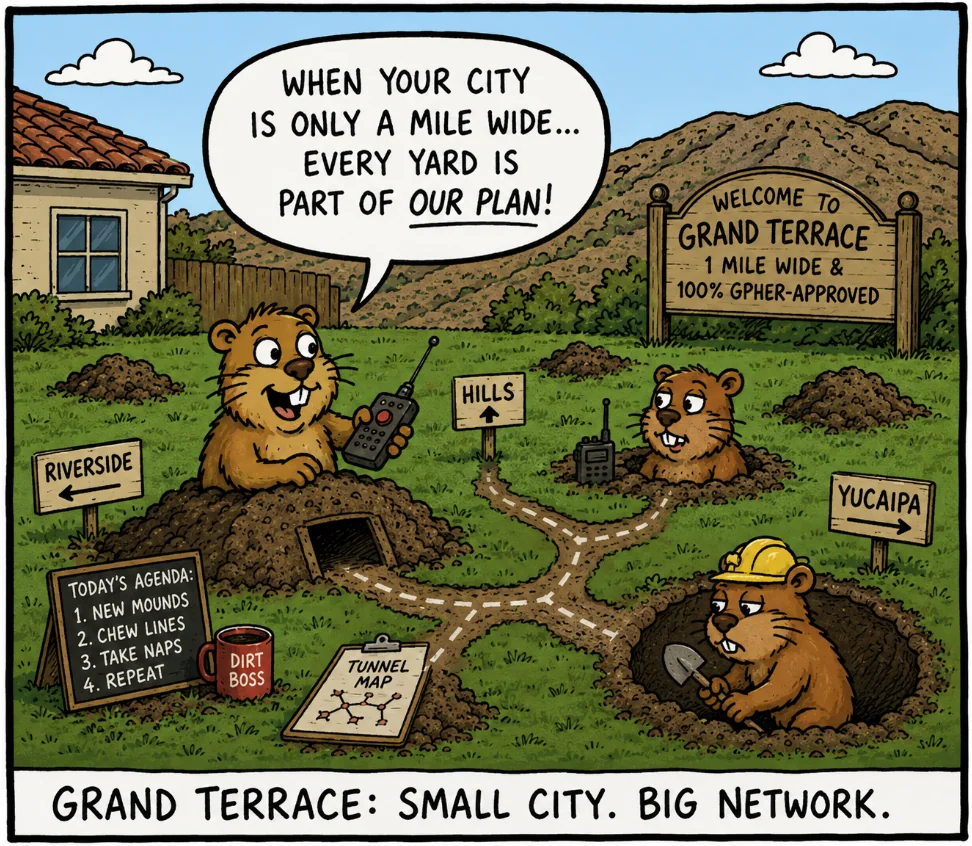 Cartoon of Grand Terrace gopher control: gophers networking tunnels across a one-mile-wide city between Riverside and Yucaipa hills