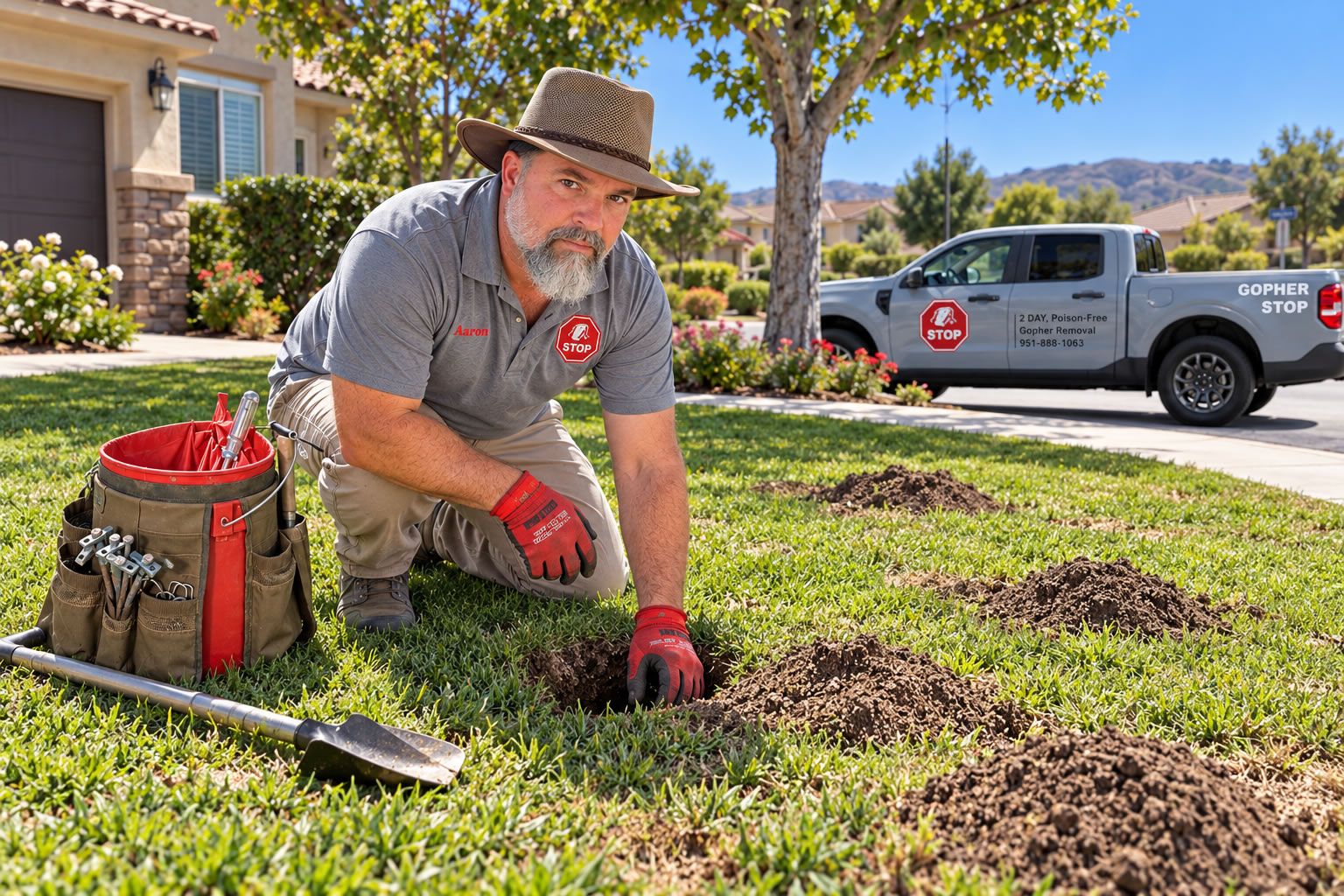 Gopher Stop technician inspecting gopher activity at a Temecula Valley home with Gopher Stop service truck nearby.