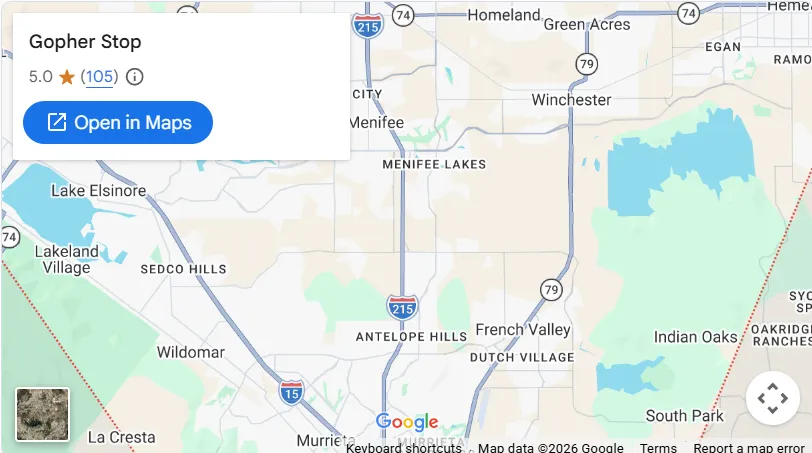 Map of Gopher Stop's Temecula Valley service area from Lake Elsinore to Murrieta and Winchester