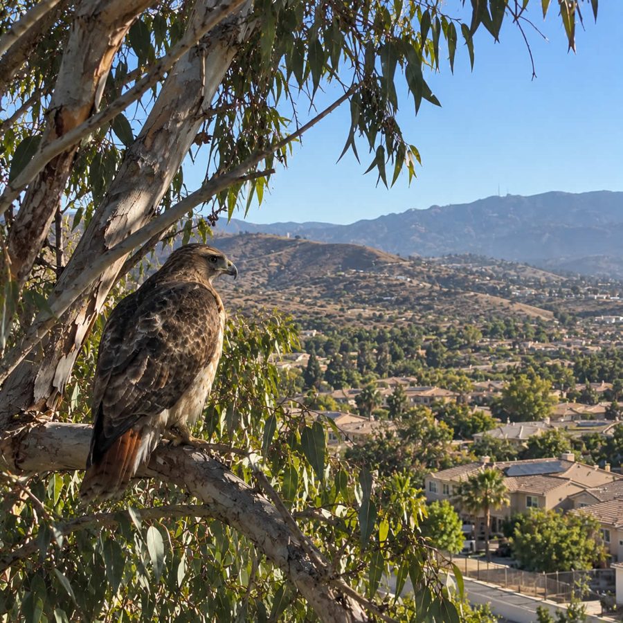 Red-tailed hawk perched in a tree overlooking homes and hills