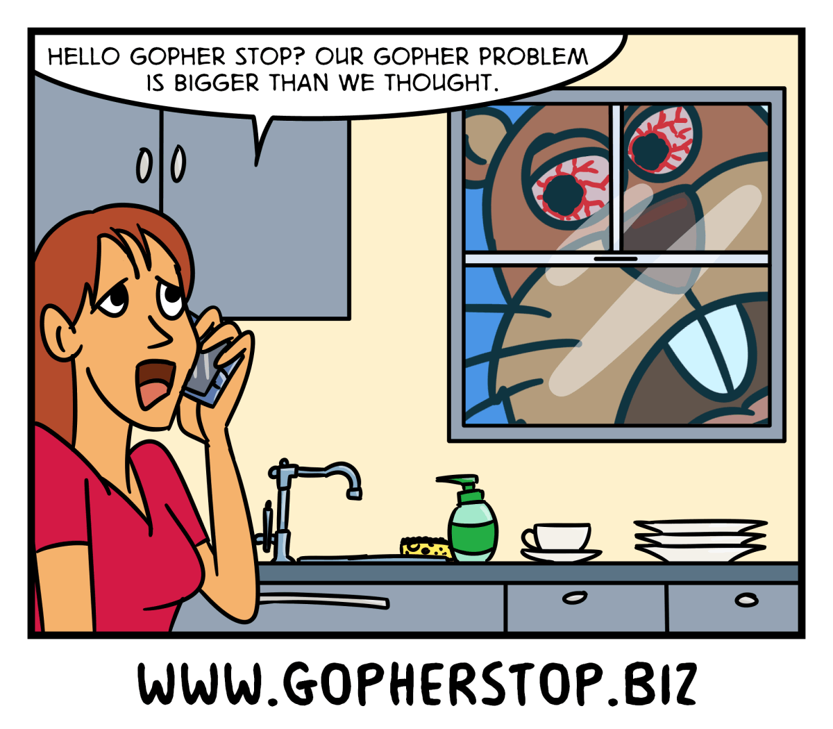 Gopher Stop cartoon showing that an apparent gopher problem can be bigger than it first looks