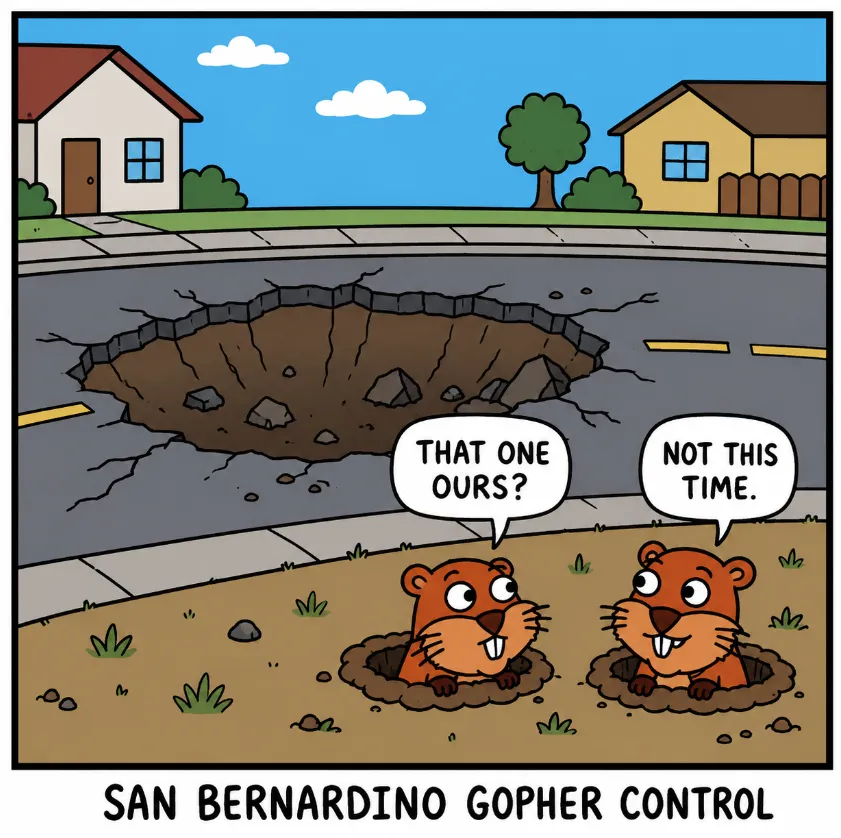 Cartoon of two gophers in a San Bernardino yard eyeing a sinkhole in the street, one asking if they caused it and the other saying not this time