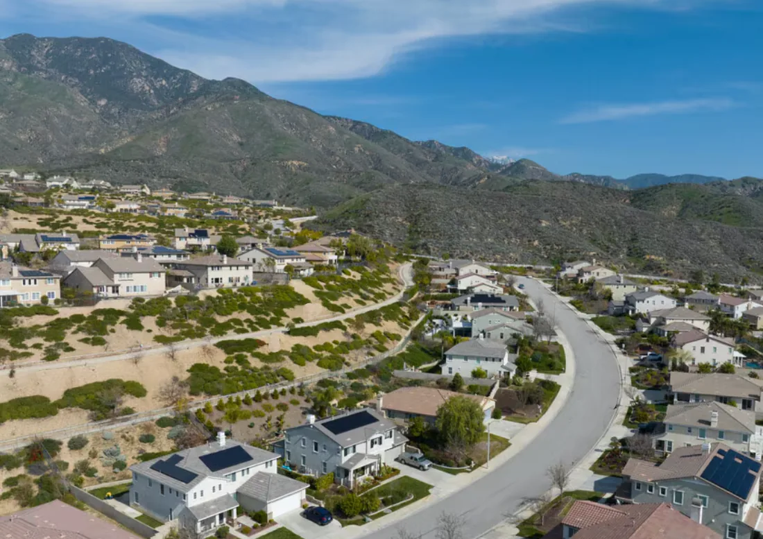 East Highland Ranch neighborhood in Highland, CA backing up to San Bernardino foothill wildland