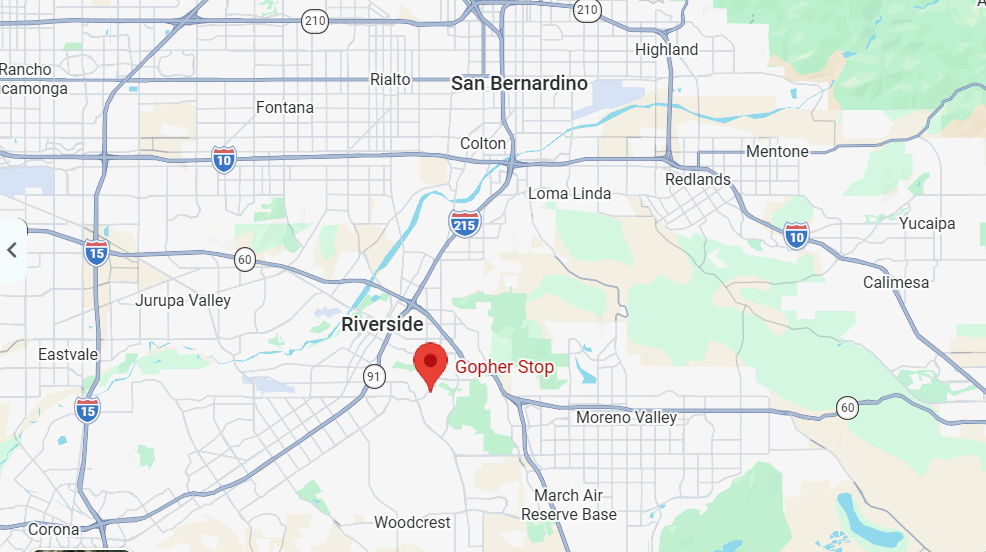 Map of the Inland Empire service area centered on Gopher Stop near Riverside
