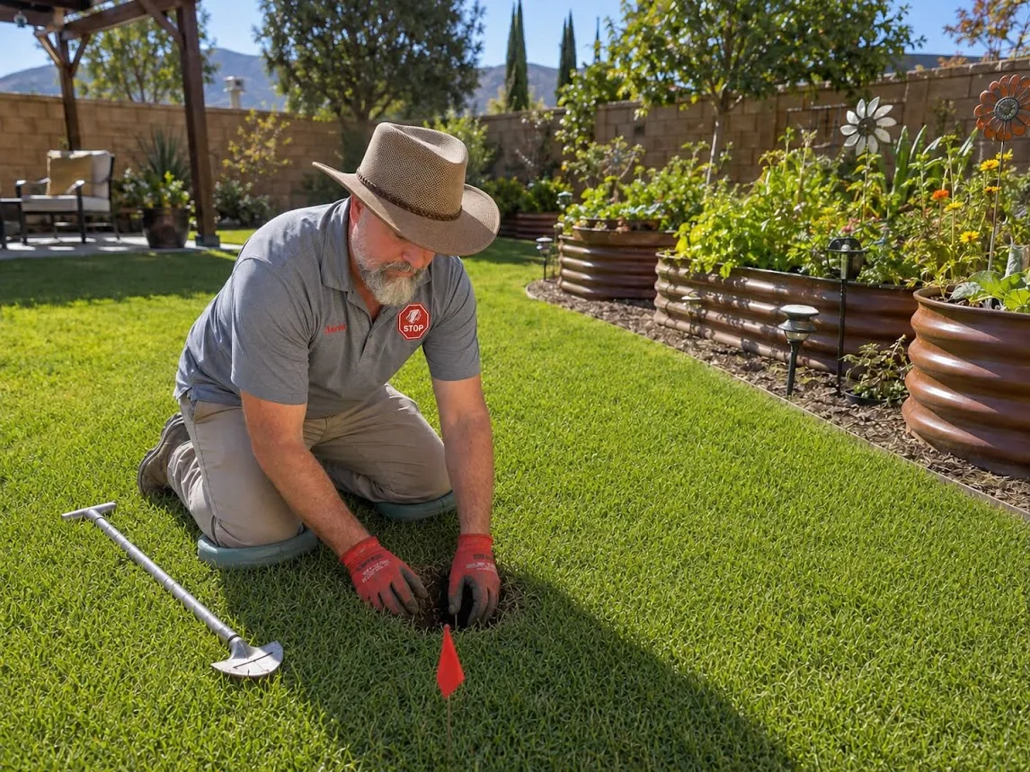 Gopher Stop technician Aaron reaching into a live gopher run on a Temecula, CA lawn, with a run-marker flag set beside him