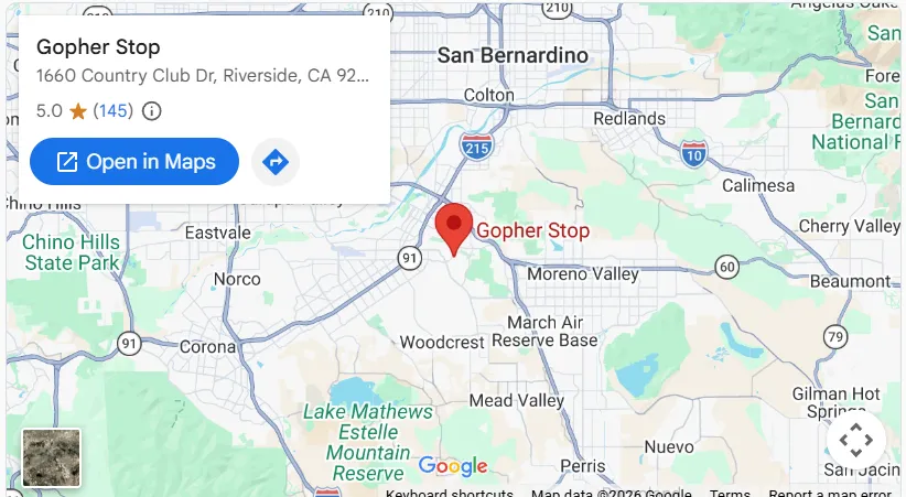 Map of Gopher Stop's Inland Empire service area across Riverside and San Bernardino Counties