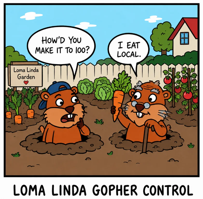 Loma Linda gopher control cartoon: a young gopher asks a centenarian gopher with a cane and carrot how he made it to 100, and the elder replies 'I eat local,' set in a Loma Linda vegetable garden