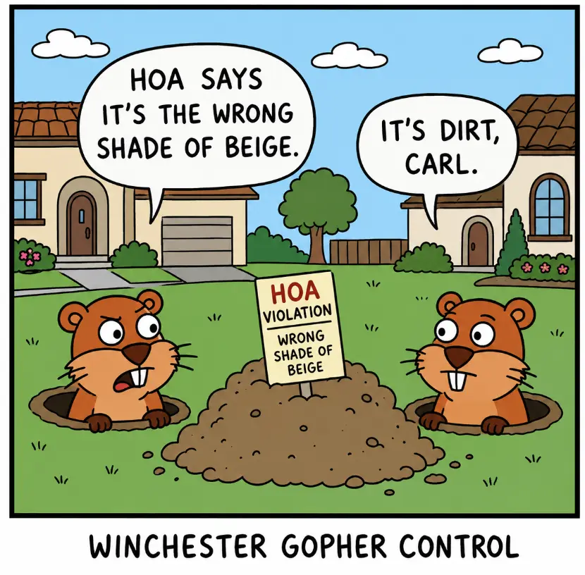 Winchester gopher control cartoon: two gophers beside an HOA violation sign reading "Wrong shade of beige," one gopher says "HOA says it's the wrong shade of beige," the other replies "It's dirt, Carl."