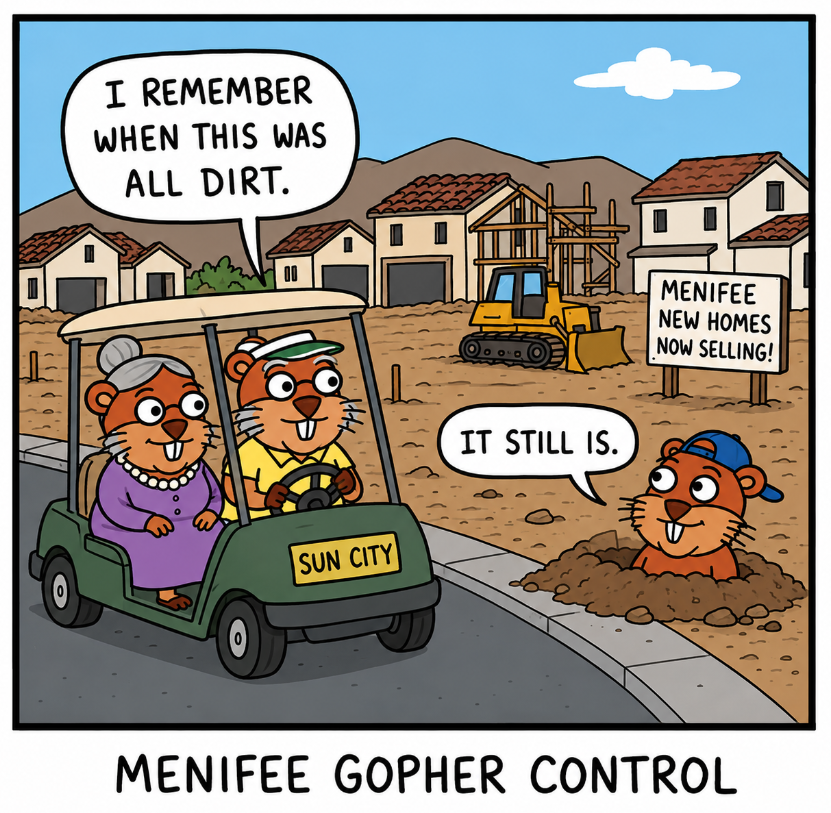 Cartoon titled Menifee Gopher Control: an elderly gopher couple in a Sun City golf cart passing a new-home construction site, with a younger gopher popping out of a dirt mound saying it still is all dirt