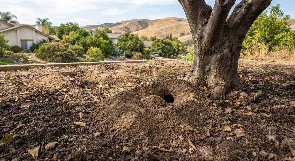 Open gopher hole in old citrus soil beneath a tree at a Corona, California property with the hills in the background