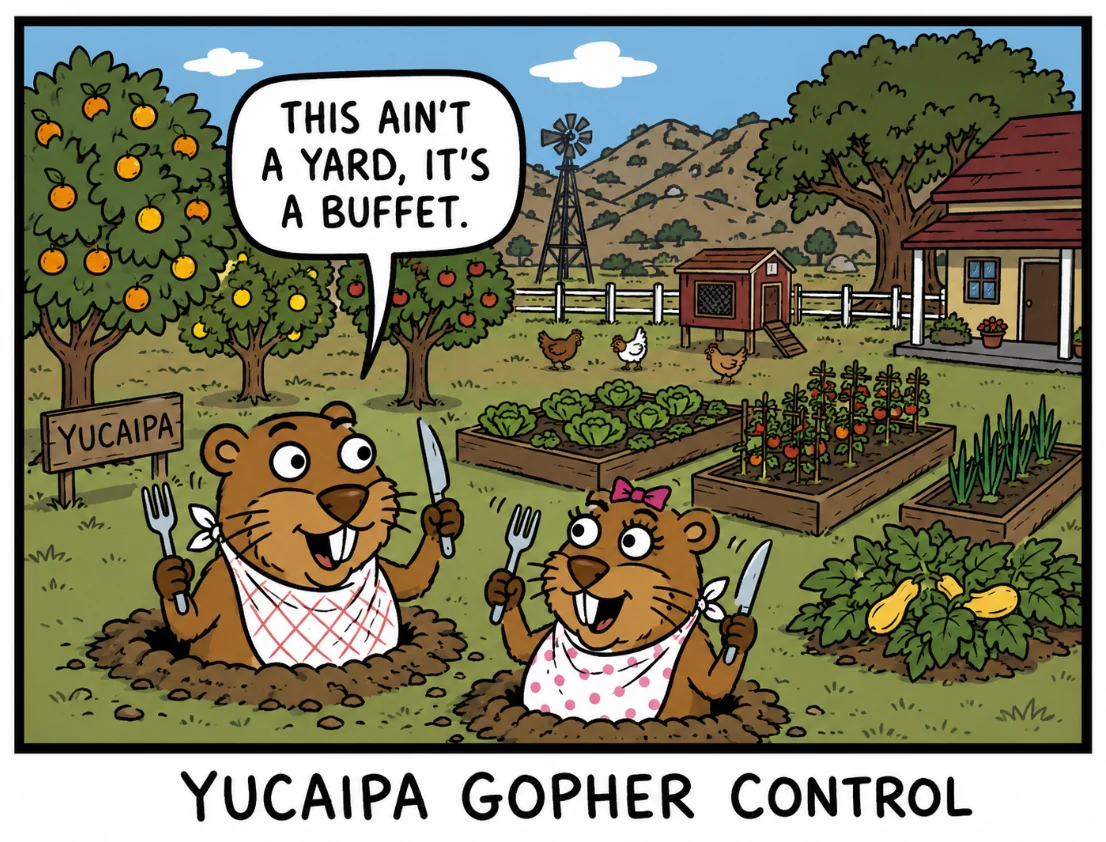 Yucaipa gopher control cartoon: two gophers in dining bibs holding silverware as they emerge from mounds in a bountiful Yucaipa backyard orchard and garden, one saying 'This ain't a yard, it's a buffet'
