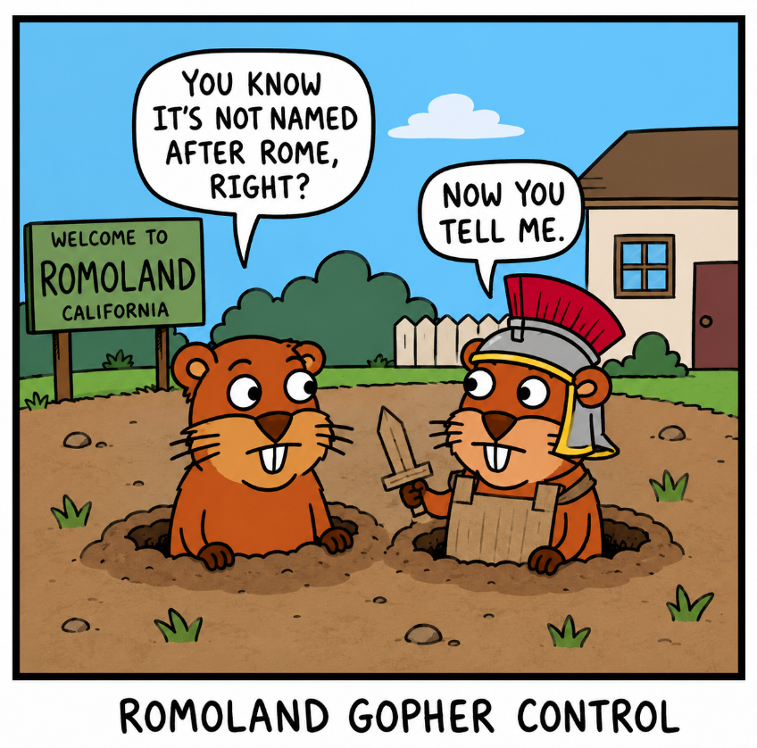 Romoland gopher control cartoon showing two gophers at a Romoland California welcome sign, one in a Roman soldier helmet being told the town is not named after Rome