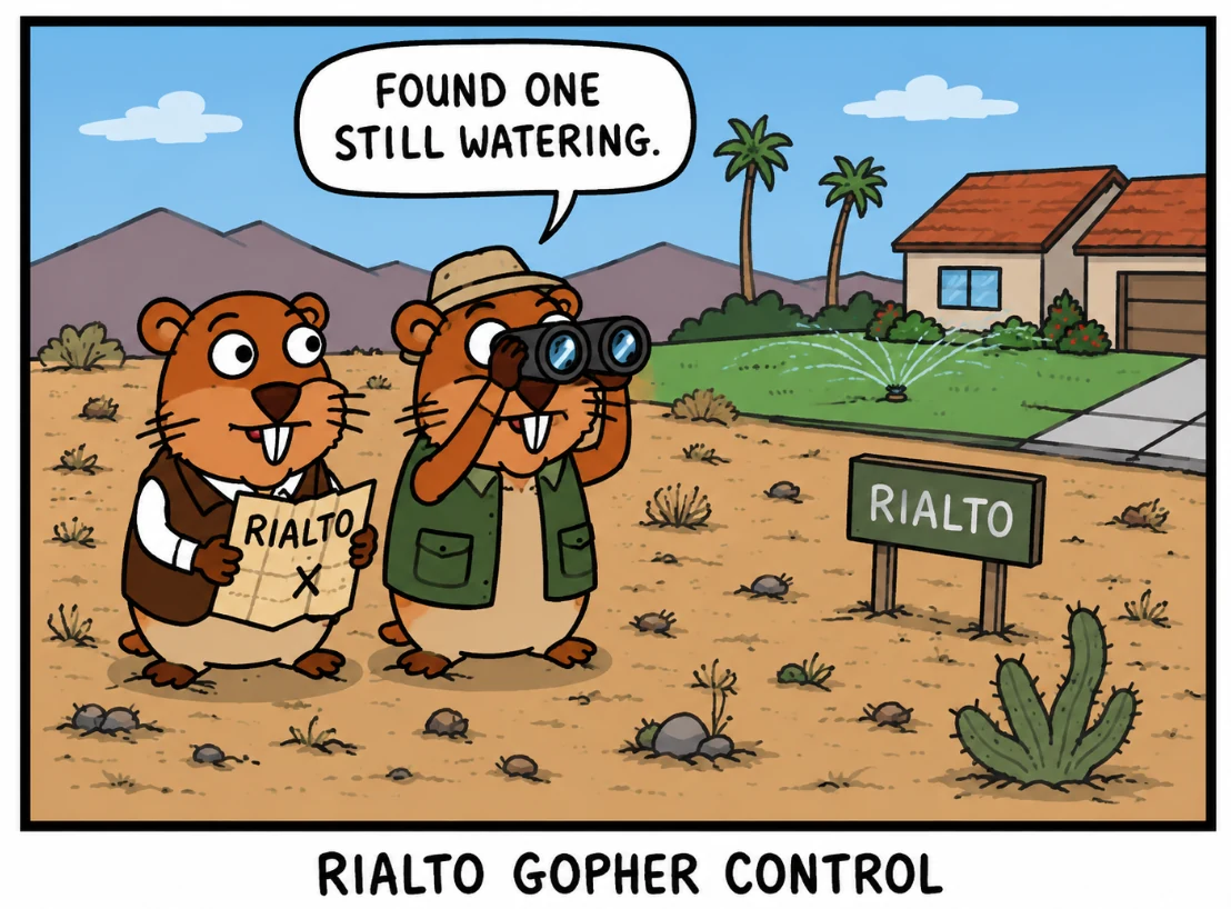 Rialto gopher control cartoon: two gophers in a dry Rialto landscape scouting with binoculars and a map, one spotting a still-running sprinkler on a green lawn saying 'Found one still watering'