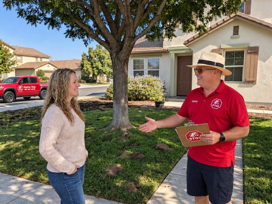 Gopher Stop specialist talking with a Riverside homeowner during a property inspection