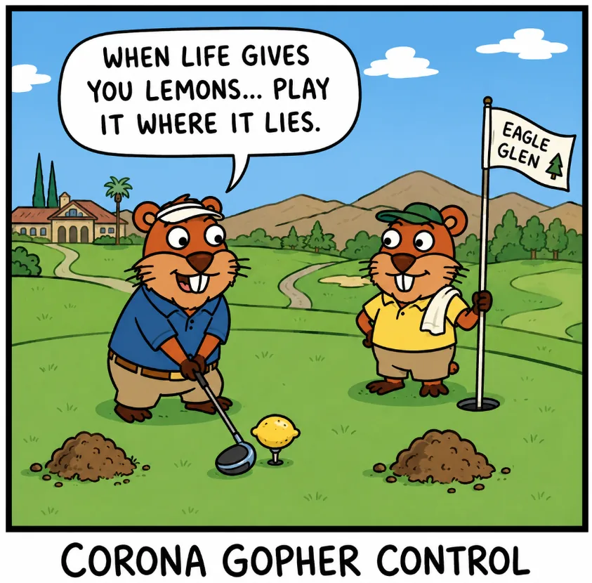 Cartoon of a Corona gopher playing golf at Eagle Glen, hitting a lemon off a tee, while another gopher tends the flagstick