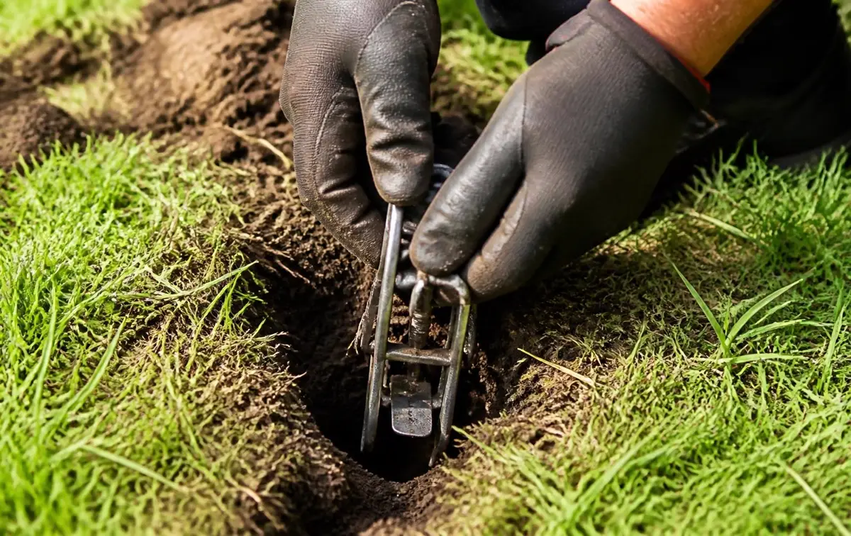 Hands setting a gopher trap into an active run in old grove soil on a Rialto, CA property