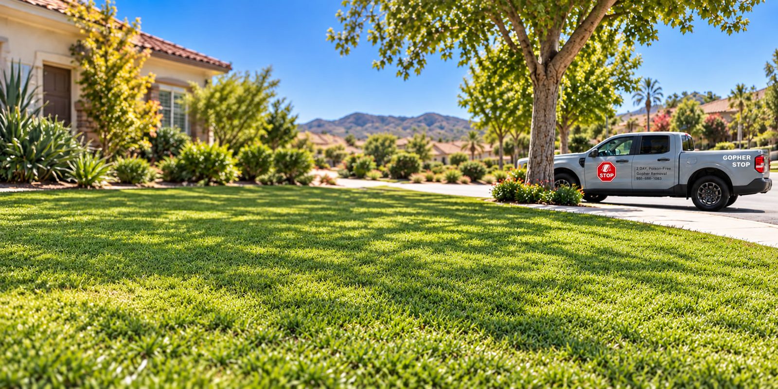 Gopher Stop service truck beside a green lawn in a hillside neighborhood