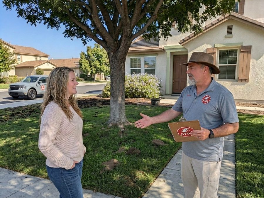 Gopher Stop specialist with a clipboard speaking with a homeowner beside a lawn
