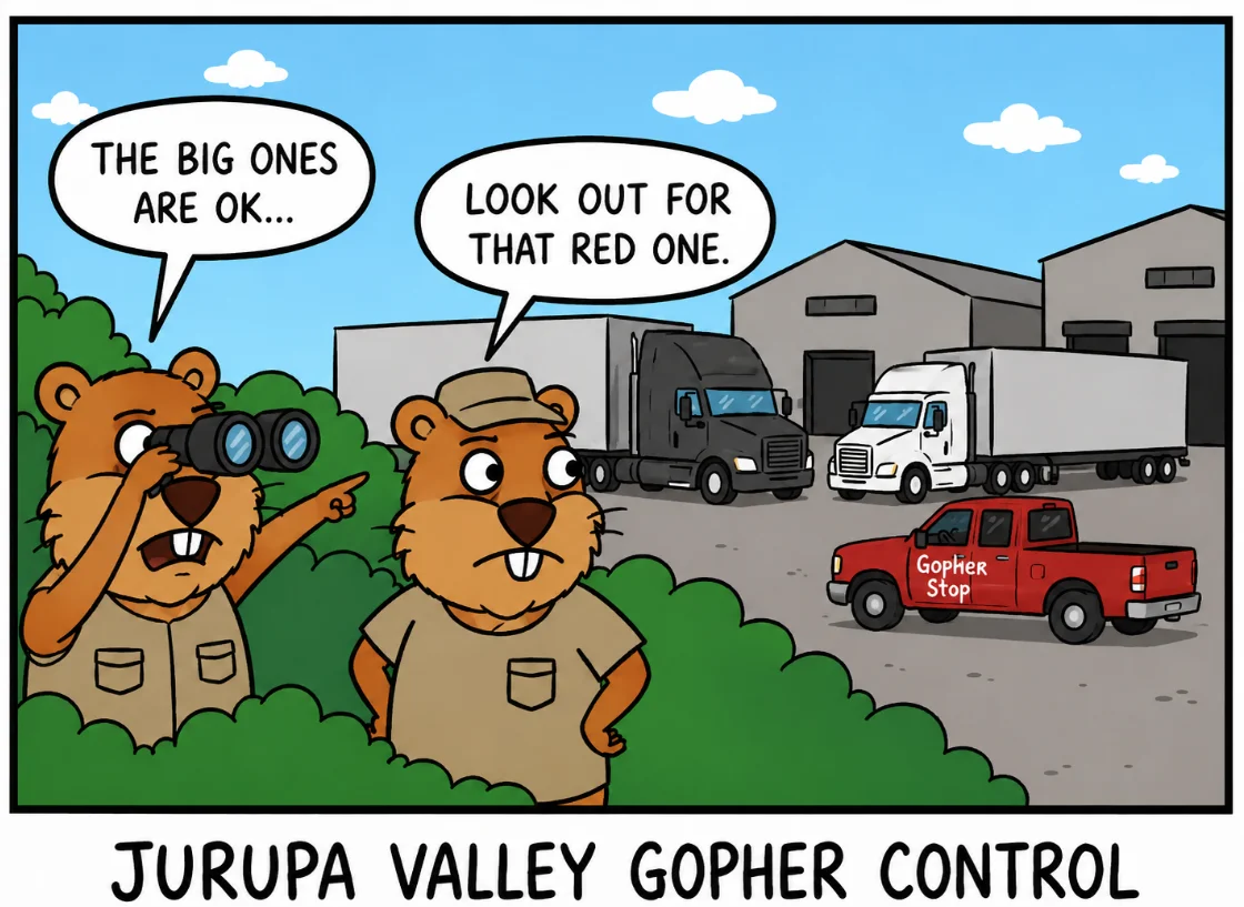 Cartoon of two Jurupa Valley gophers watching the Gopher Stop truck pull into a warehouse lot, one warning the other to look out for the red one