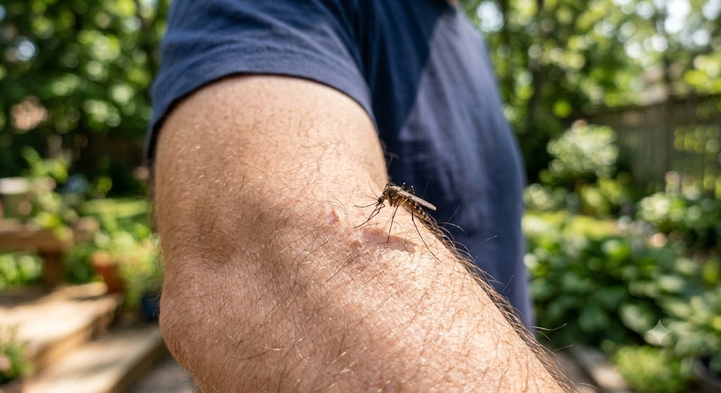 Mosquito biting a homeowner in a Riverside, CA backyard