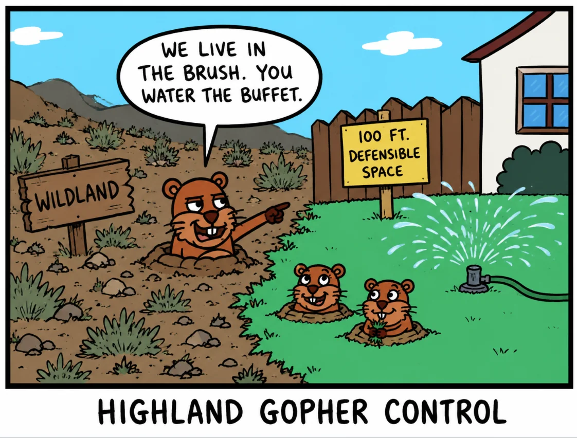 Cartoon of Highland gopher control: gophers in wildland brush pointing toward watered Highland lawns and defensible space
