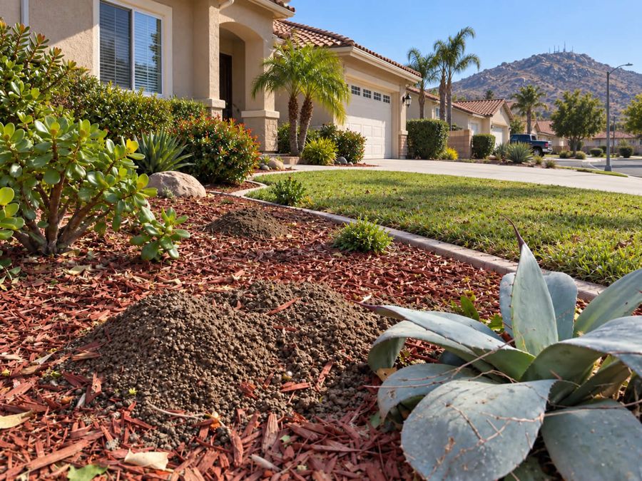 Gopher mound damaging plants and landscaping in a Moreno Valley yard