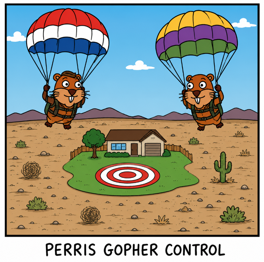 Cartoon of two gophers in paratrooper gear skydiving toward a target on a residential lawn in the desert, labeled Perris Gopher Control