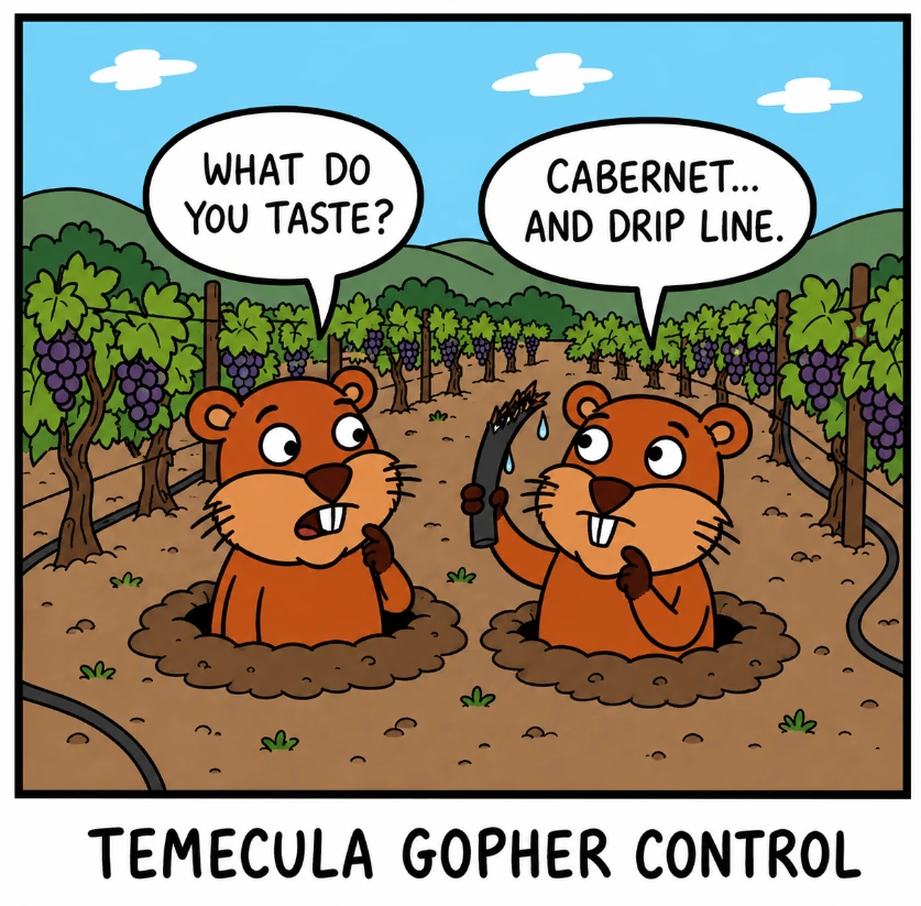 Cartoon of two Temecula gophers in a vineyard tasting wine from a chewed-through drip line, titled 'Temecula Gopher Control'