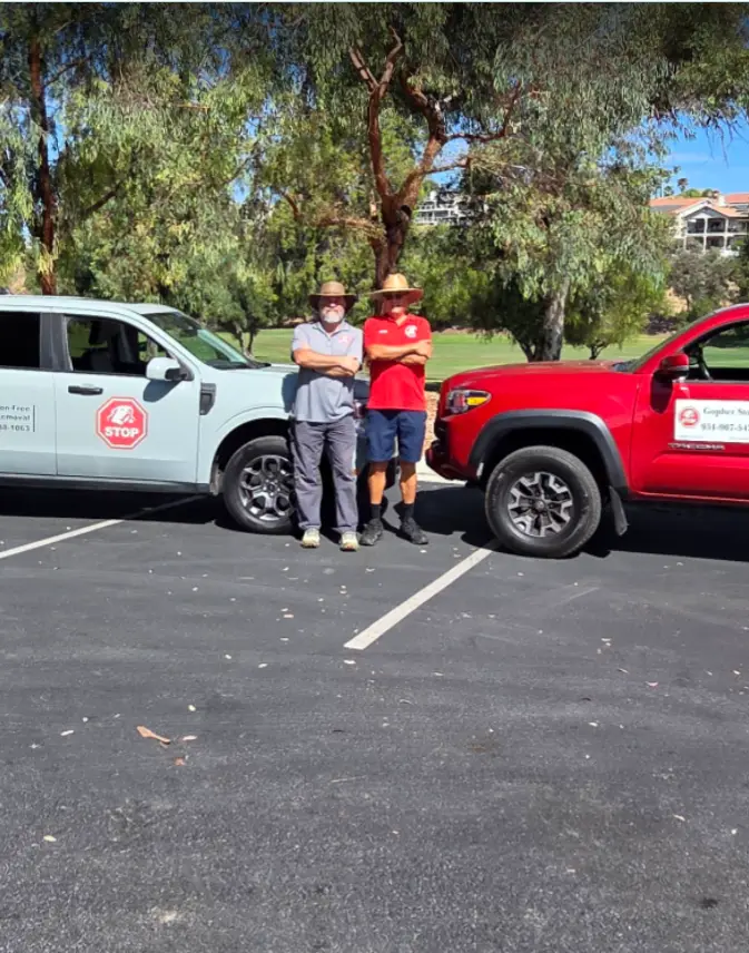 Gopher Stop crew and branded service trucks ready for a Southern California gopher control job
