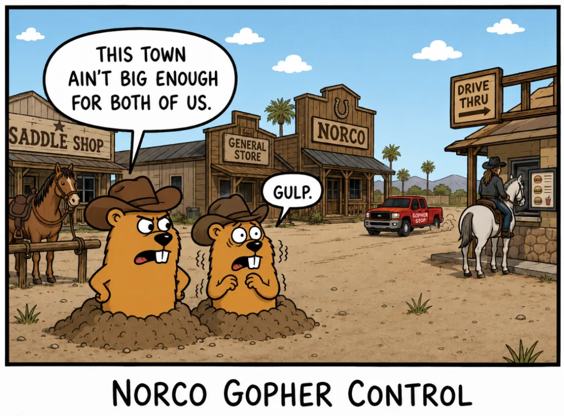 Cartoon of two Norco gophers in cowboy hats in an Old West standoff as the Gopher Stop truck rolls into Horsetown USA