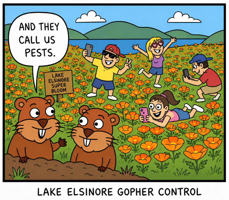 Lake Elsinore gopher control cartoon: two gophers at the Lake Elsinore Super Bloom poppy field saying "And they call us pests"