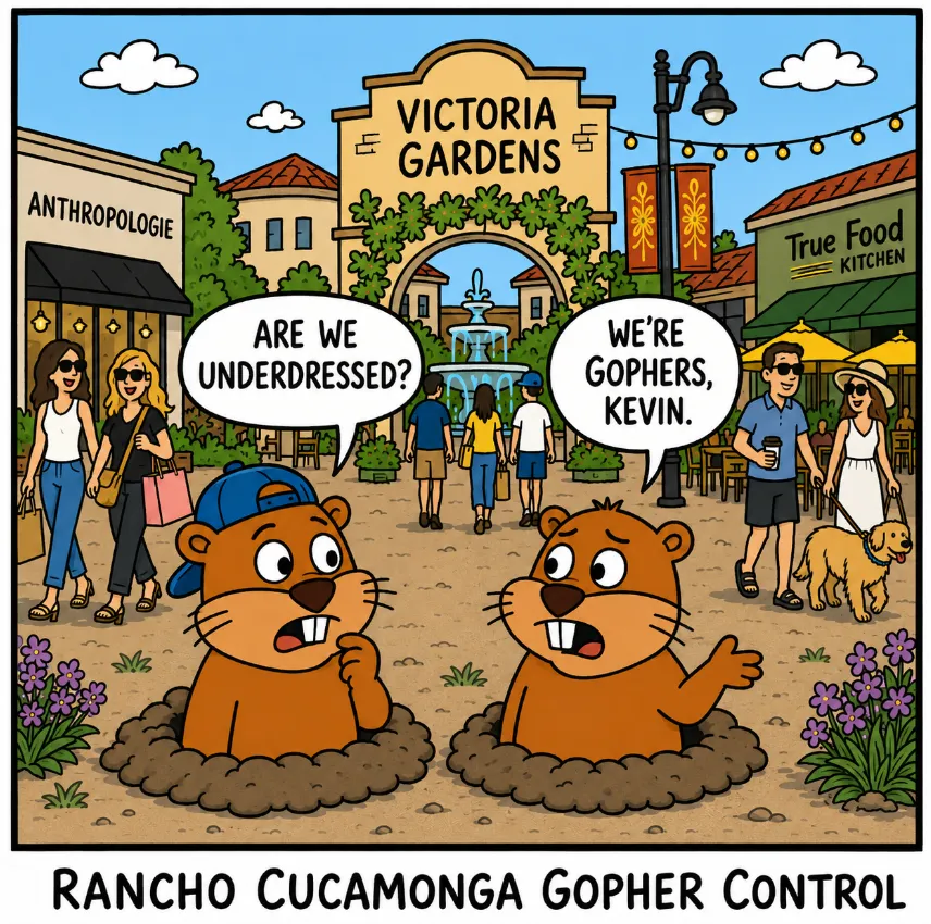 Cartoon of two gophers at Victoria Gardens in Rancho Cucamonga, one asking if they are underdressed for the outdoor mall