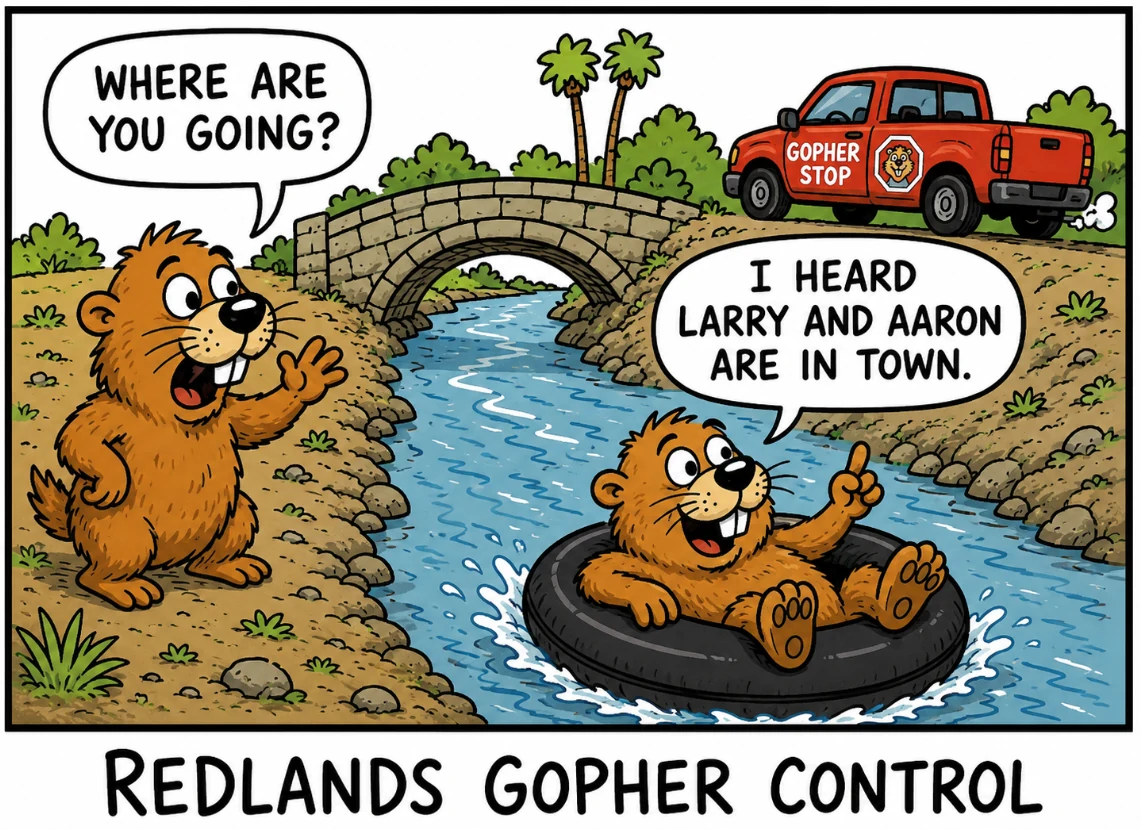 Cartoon of a Redlands gopher floating down the Mill Creek Zanja toward the Gopher Stop truck after hearing Larry and Aaron are in town