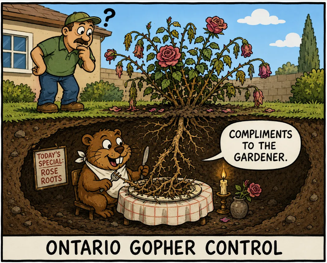 Ontario gopher control cartoon: a pocket gopher dining underground on rose roots with a sign reading 'Today's Special: Rose Roots' beneath an Ontario backyard
