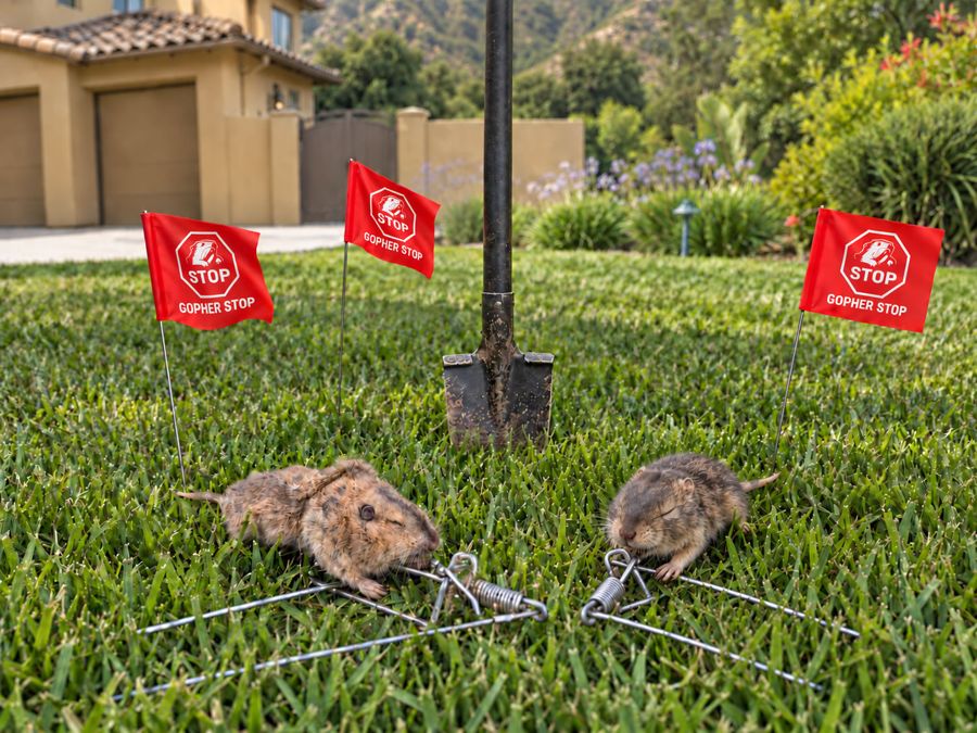 Gophers caught in professional traps, ready for removal from a customer's lawn