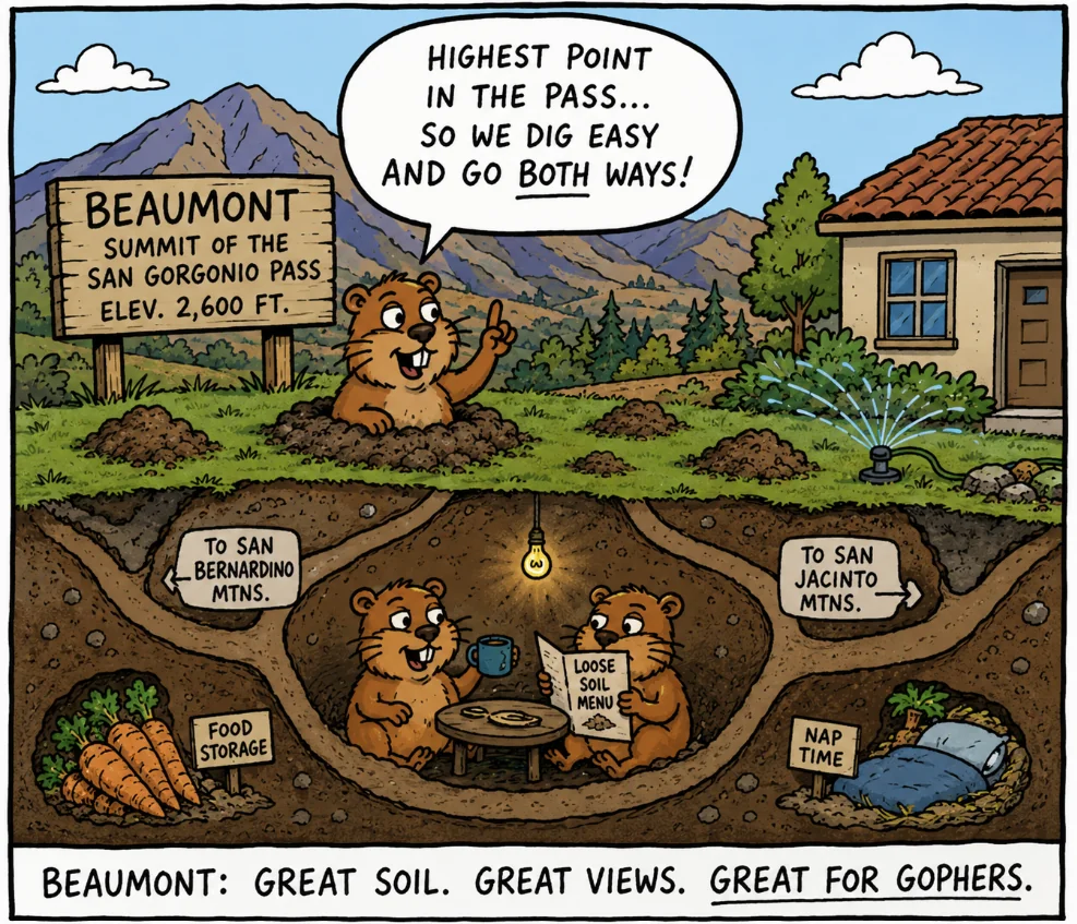 Cartoon of Beaumont gopher control: gophers digging loose pass summit soil between San Bernardino and San Jacinto Mountains