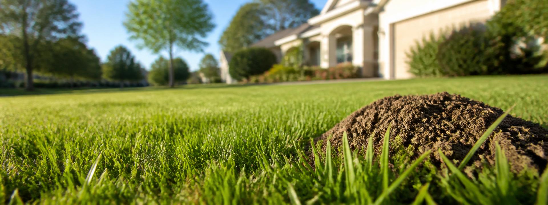 Close-up of a lush green front lawn with a fresh gopher mound