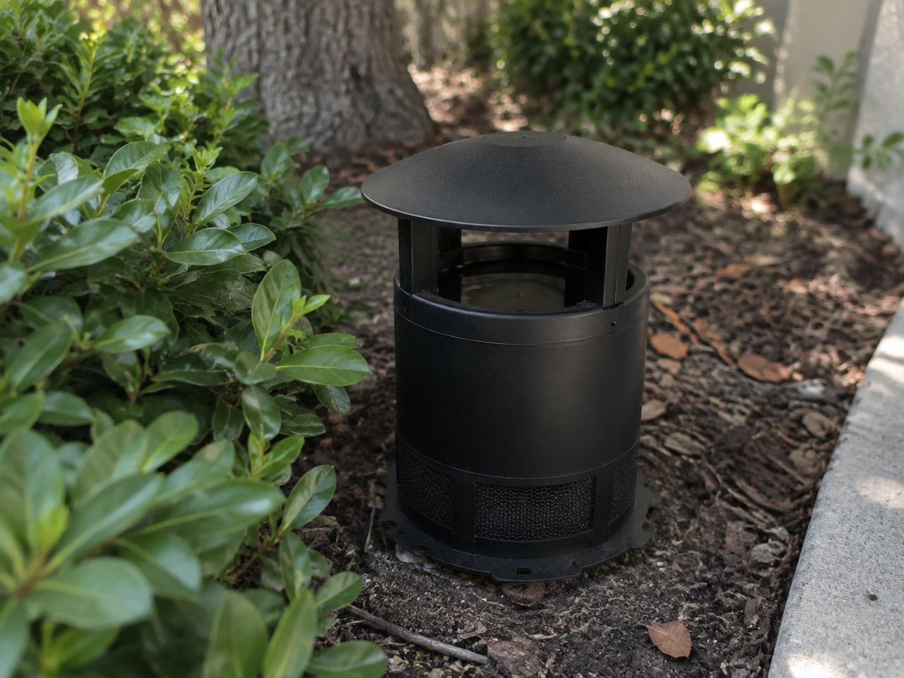 Non-toxic mosquito control trap station installed in a Southern California backyard